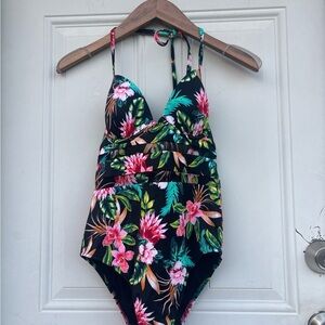 Shade & Shore Black Tropical Floral Girls One-Piece Swimsuit
